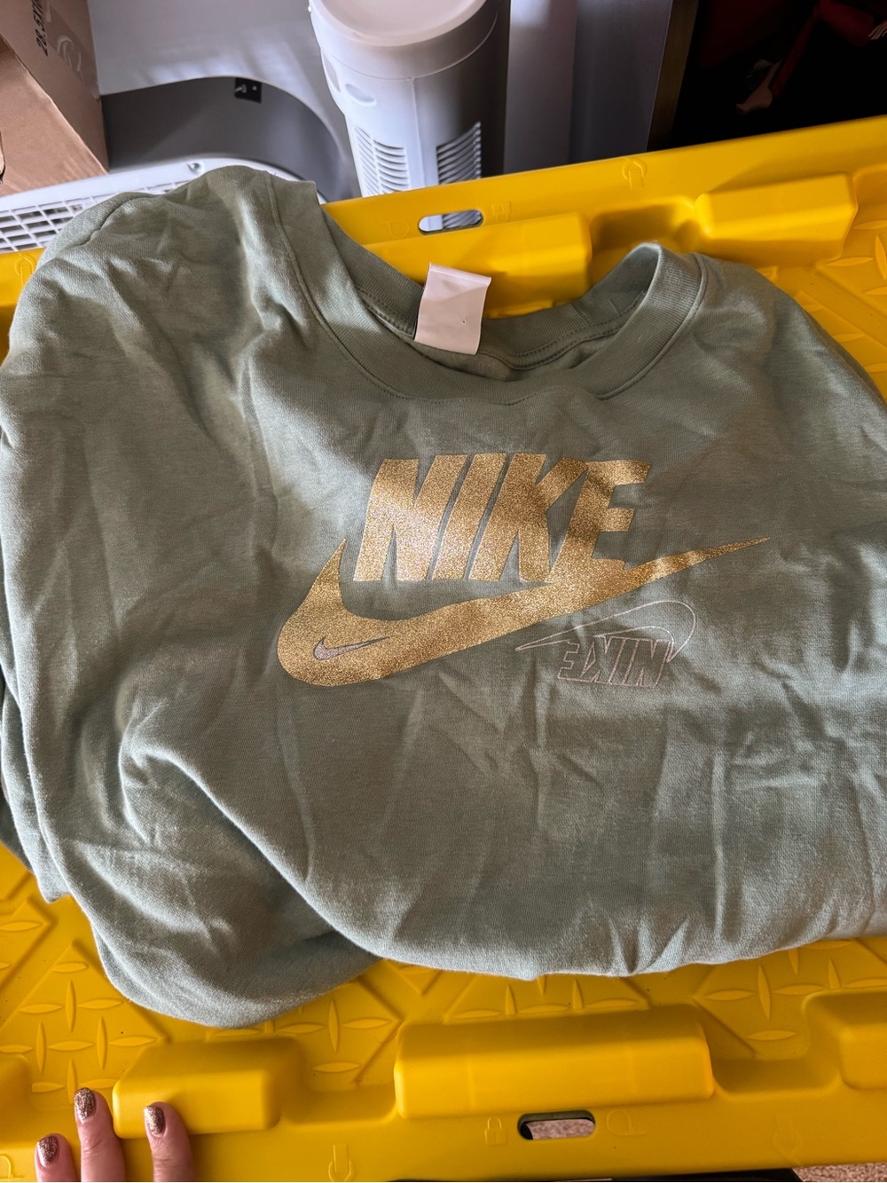 Nike Kids Olive Green Sweatshirt with Metallic Gold Swoosh